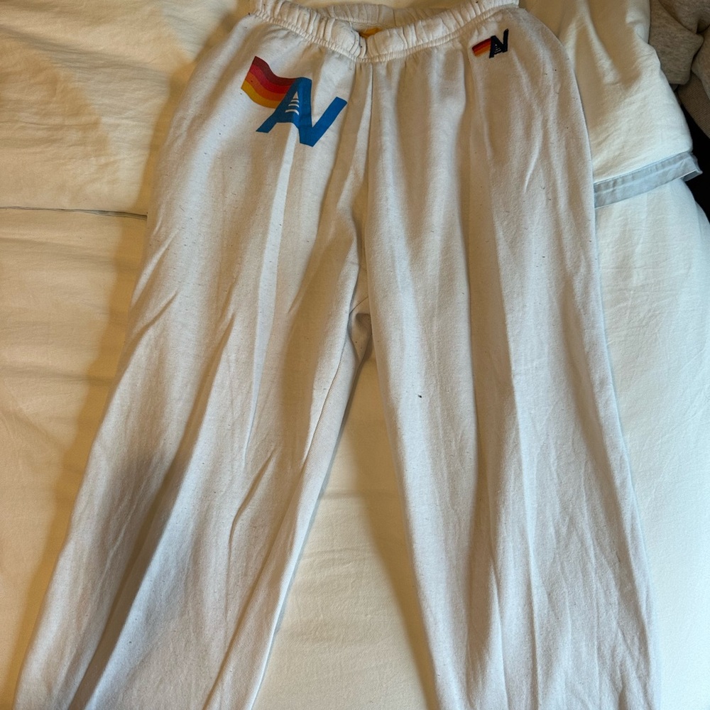 White Aviator Nation Sweatpants with Rainbow Logo